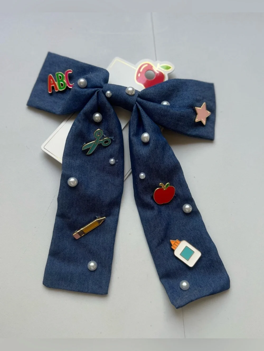 Kids Denim Bow Hair Clip with School Icons - Navy